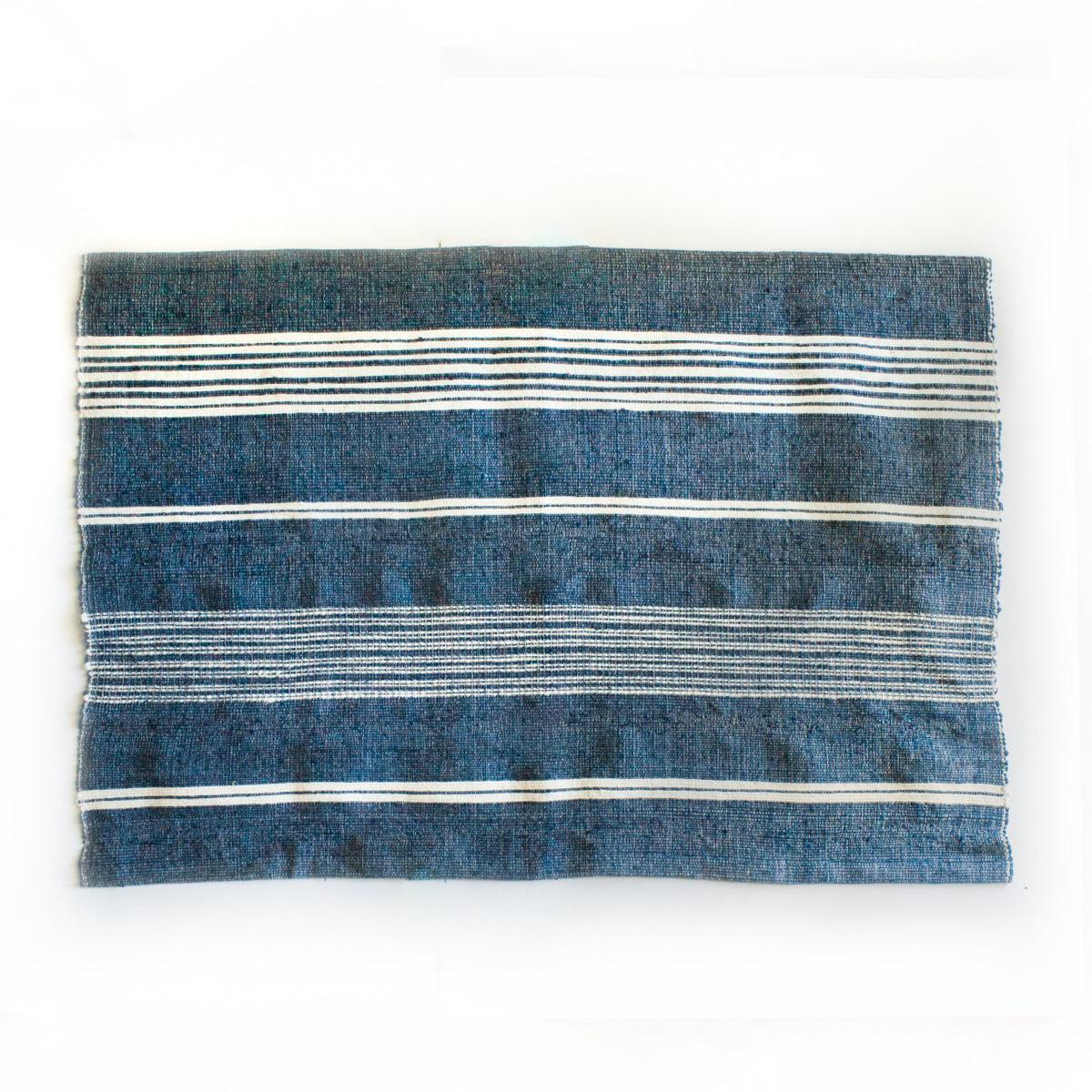 Aden Cotton Bath Mat. 24 x 36 inches.  Hand-spun Ethiopian cotton. woven from thick hand-spun cotton. navy with natural. 