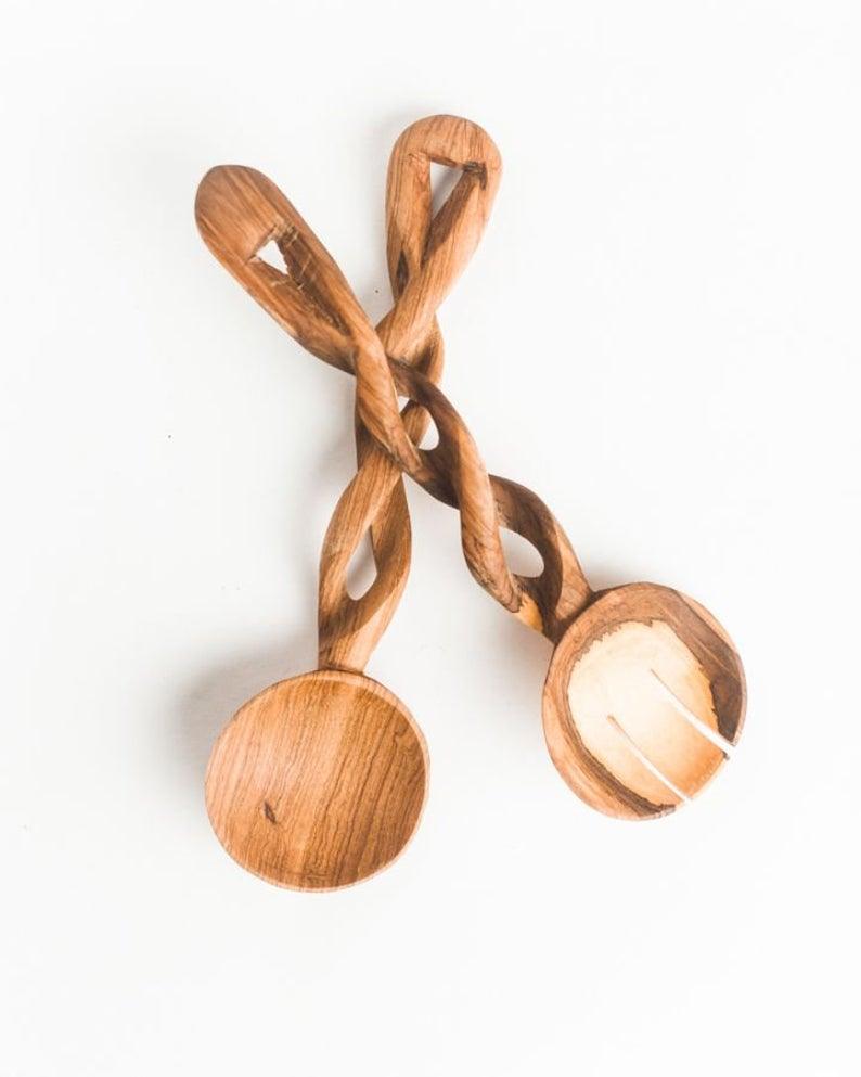 Olive Wood Spiral Salad Servers - Sunday Golden