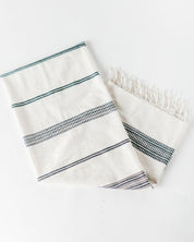 Bath Towel. Measures 38 x 72 inches. Machine wash and dry. ed as bath towels, lightweight shawls and accent throws. AZO-free dyes. hand-woven in Ethiopia. Natural with Navy. 